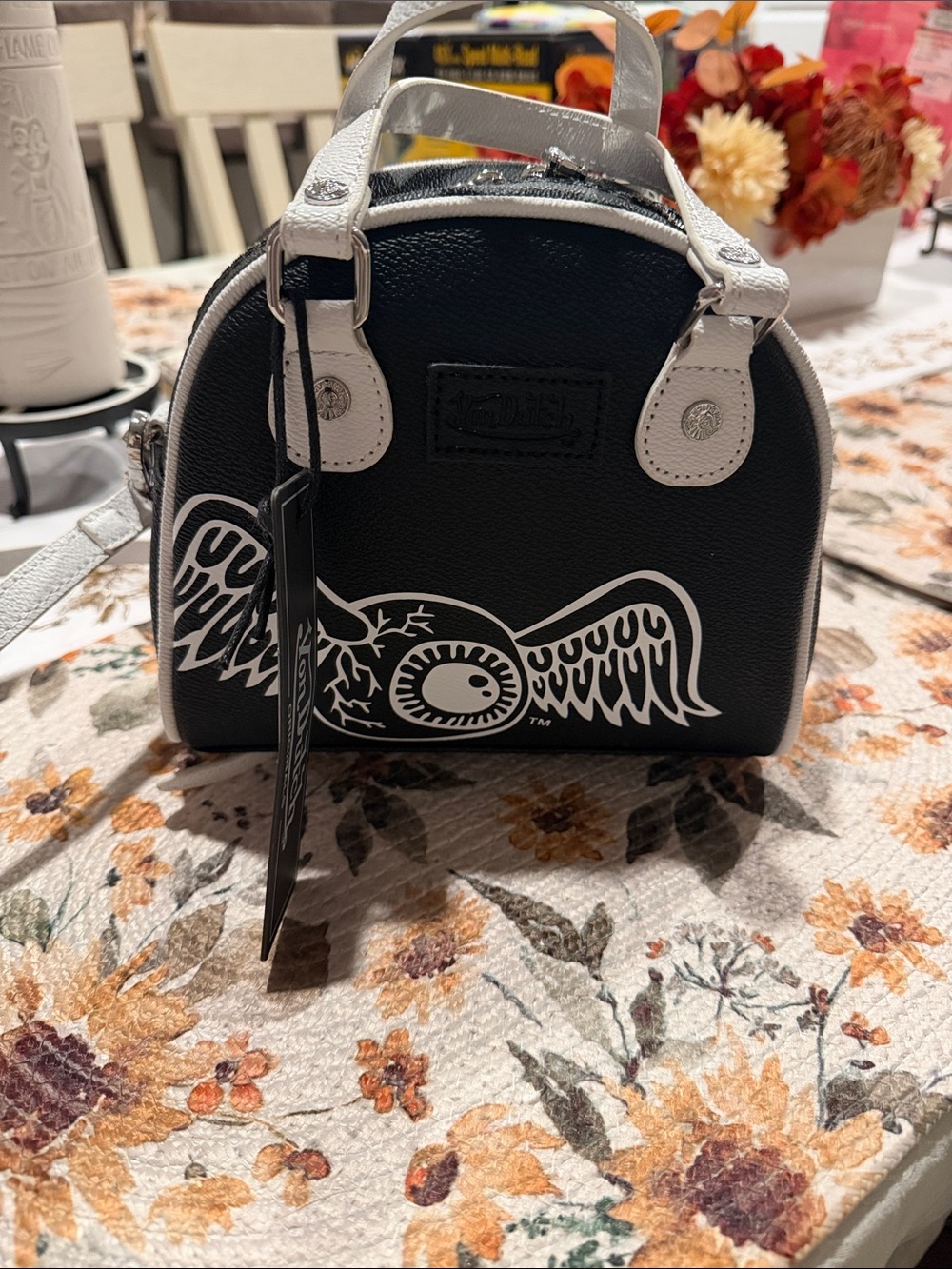 Von Dutch Black and White Winged Eye Dome Satchel - Women Bags or Men’s bag